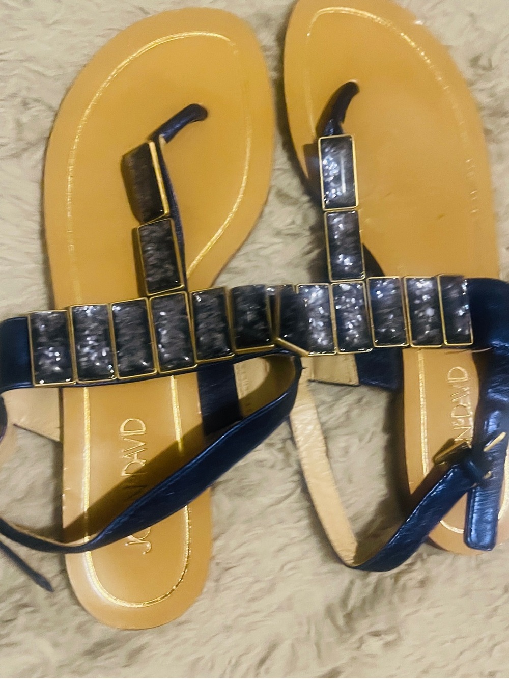 Joan & David Navy Embellished T-Strap Flats